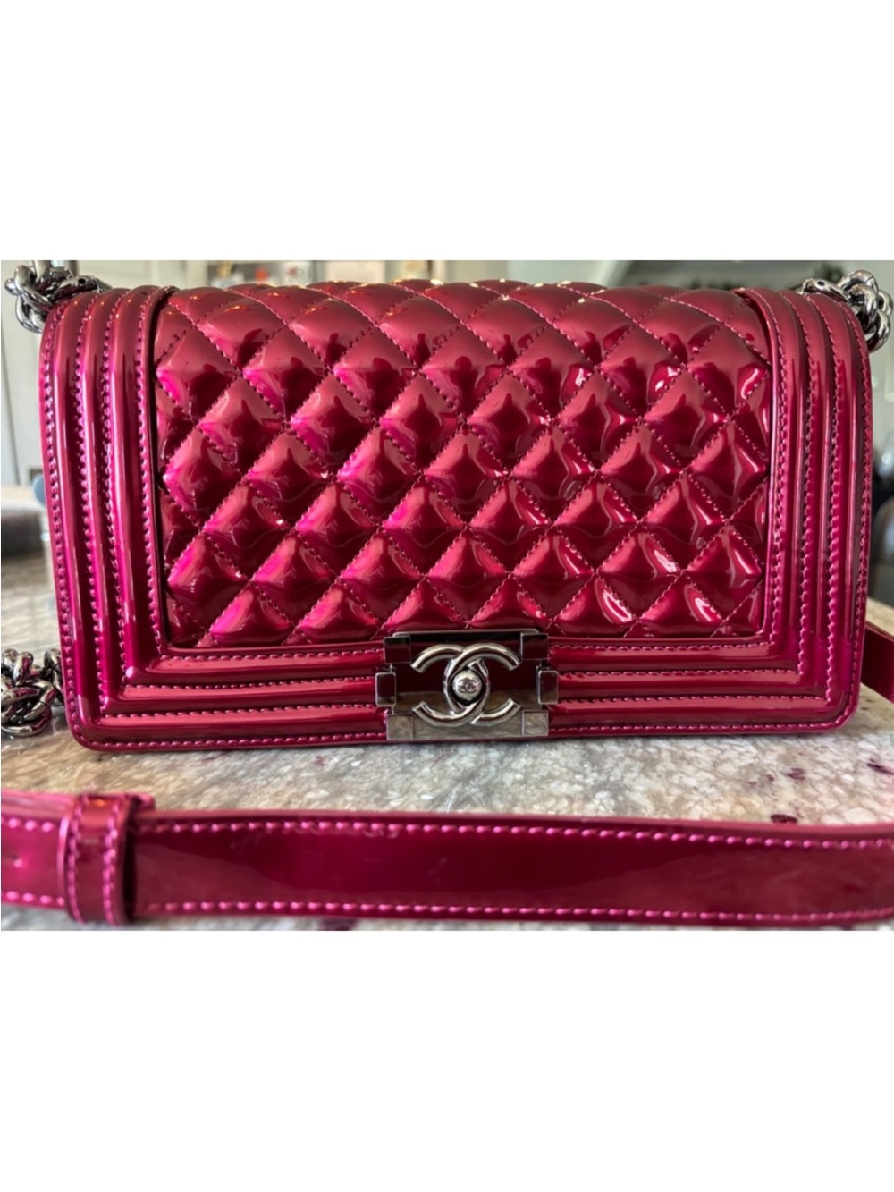 CHANEL Fuchsia Quilted Patent Leather Boy Crossbody Bag AUTH